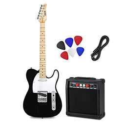 LyxPro 39” Electric Telecaster Guitar Kit, 20 Watt Amp Speaker, Solid Full-Size Wood Body, C-Shape Neck, Quality Gear Tuners, 3-Way Switch & Volume/Tone Controls, 12 Picks And Cable Included - Black