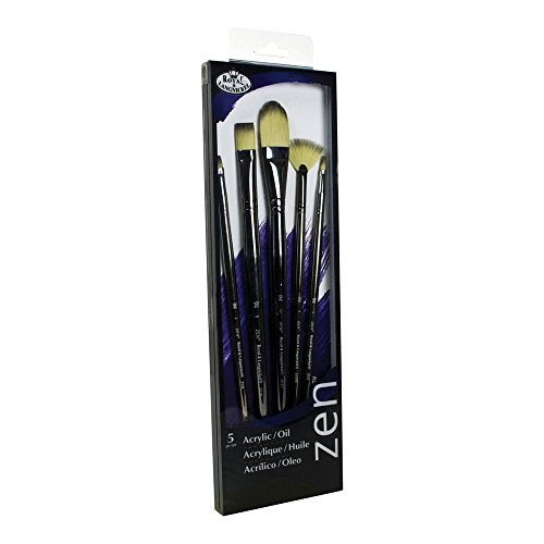 Royal & Langnickel, Zen Series 53, Set of 5 Brushes, Long Handle, Synthetic Filament, Filbert 1 &