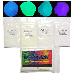 Glow in The Dark Pigment Powder - Neutral in Daylight; 4 Color Glow Powder Pack 15g Each; Sky Blue, Yellow Green, Aqua, Indigo Violet for Resin, Epoxy, Slime, Nail Polish, Paint