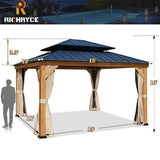 RICHRYCE 13' x 15' Solid Wood Gazebo, Hardtop Gazebo Galvanized Steel Outdoor Gazebo Canopy Double Vented Roof Pergolas Aluminum Frame with Netting and Curtains for Garden, Patio, Lawns