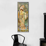 INVIN ART Framed Canvas Giclee Print Evening Contemplation. from The Times of The Day Series. 1899 by Alphonse Mucha Wall Art Living Room Home Office Decorations(Black Slim Frame,12"x36")