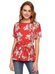 Romwe Women's Floral Print Short Sleeve Self tie Waist Knot Blouse Top Red M