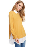 Romwe Women's Classic Collar Long Sleeve Curved Hem Pullover Sweatshirt Yellow M
