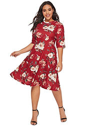 Romwe Women's Plus Size Elegant Floral Print Fit and Flare A Line Midi Dress Red 0X Plus