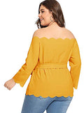 Romwe Women 's Plus Size 3/4 Sleeve Off The Shoulder Top Scalloped Peplum Blouse with Belte Yellow 18W
