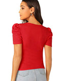 Romwe Women's Elegant Short Puff Sleeve Knit Summer V-Neck T-Shirt Tops Red Large