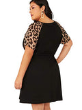 Romwe Women's Plus Size Short Sleeve Leopard Print Belted Casual Tunic Midi Dress Black 2XL