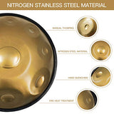 AS TEMAN HANDPAN, Handpan drum instrument in F Minor 9 Notes 22 inches Steel Hand Drum with Soft Hand Pan Bag, 2 handpan mallet,Handpan Stand,dust-free cloth,gold