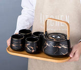 Jusalpha Marble Porcelain Teapot Set, Modern Japanese Tea Pot with Infuser for Loose Tea (40 OZ), 4-Piece Tea Cups (6.7 OZ) with Bamboo Tray - Tea Cups Set for Home and Restaurant, FDJPT4 (Black)