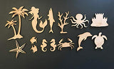 14-Pack Sea Life Beach Ocean Decor Wall Unfinished Wood Cutout Crafts Shapes Cut Outs Sea Turtle, Mermaid, Palm Tree, Dolphin,Seahorse,Sandcastle,Shark,Crab,Octopus,Coral,Star fish