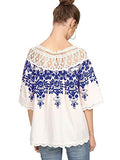 Romwe Women's Cold Shoulder Floral Embroidered Lace Scalloped Hem Blouse Top White Blue L