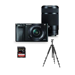 Sony Alpha A6000 Mirrorless Camera with 16-50mm f/3.5-5.6 OSS & 55-210mm f/4.5-6.3 OSS Lenses, Black Bundle with Slik Pro II 4-Section Aluminum Tripod with BallHead, 64GB SDXC U3 Card
