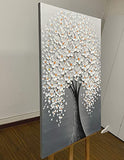 Yotree Oil paintings, 24x36 Inch Grey-White Flowers Tree Luck Tree Oil Hand Painting 3D Hand-Painted On Canvas Abstract Artwork Art Wood Inside Framed Hanging Wall Decoration Abstract Painting