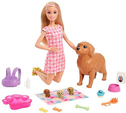 Barbie Doll and Newborn Pups Playset Doll (Blonde, 11.5 in) Mommy Dog with Birthing Feature, 3 Puppies & Nurturing Accessories, Gift for 3 to 7 Year Olds