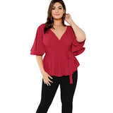 Romwe Women's Plus Size Short Sleeve Deep V Neck Self Belted Casual Peplum Wrap Blouse Red 2X Plus