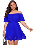 Romwe Women's Plus Size Off The Shoulder Hollowed Out Scallop Hem Party Short Dresses Blue 1X