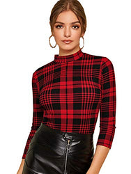 Romwe Women's Casual Mock Neck Plaid Slim Fit Workwear Blouse Top Red Large