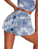 Romwe Women's Tie Dye Workout Shorts Elastic Waist Athletic Running Shorts with Pocket Blue and White S