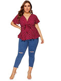 Romwe Womens Plus Size Polka Dots Knot Front Deep V Neck Short Sleeve Blouse Tops Red 2X Plus