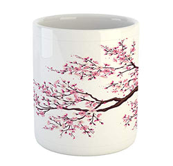 Ambesonne Japanese Mug, Branch of a Flourishing Sakura Tree Flowers Cherry Blossoms Spring Theme Art, Ceramic Coffee Mug Cup for Water Tea Drinks, 11 oz, Pink Brown