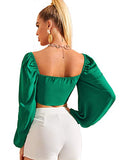 Romwe Women's Sweetheart Neck Tie Knot Front Long Sleeve Crop Tops Blouse Green Large