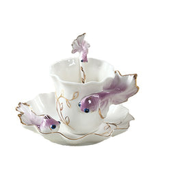 ZaH 3D Goldfish Coffee Mugs Animal Rainbow Ceramic Mug Milk Teacup Afternoon Tea Cup and Saucer Set with Spoon, Purple