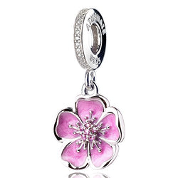 ATHENAIE 925 Sterling Silver Romantic Pink Enamel Plum Blossom Pendants with CZ Birthstone Dangle