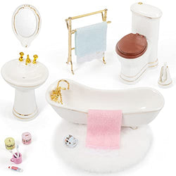 SAMCANI Ceramic Dollhouse Furniture 1 12 Scale - Doll House Furniture Toys for Dollhouse Bathroom - Miniature Furniture Incl Toilet, Bathtub, Washbasin, Fluffy Carpet and Other Dollhouse Accessories