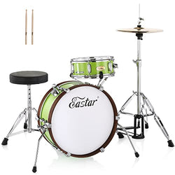 Eastar Compact Drum Set- 2-Piece Travel Drum Kit with 18" bass and 10" snare for Beginners Juniors, included 14" Hi-hat, Adjustable Drum Throne - Green( EDS-680 Gamer series)