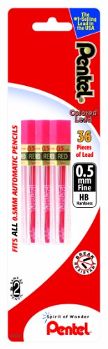 Pentel Refill Lead, 0.5mm, Fine, Red, 12 Pieces per Tube, 3 Pack (PPR5BP3-K6)