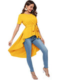 Romwe Women's Irregular Hem Short Sleeve Belted Flare Peplum Ruffle Blouse Shirts Top Yellow M