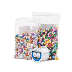 Pony Beads | 2000 Multi-Color Pony and Letter Beads | 164 Foot Jewelry Cord | Resealable Bags