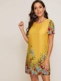 Romwe Women's Short Sleeve Floral Print Loose Casual Tunic Swing Summer Shirt Dress Yellow M