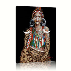 B BLINGBLING African Woman Canvas Wall Art Painting Africa Tribal Black Girl Wearing Ivory Earrings and Leopard Dress Artwork Poster Print Ready to Hang (12"x16")