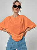 Romwe Women's Short Sleeve Oversized Shirt Round Neck Plain Tee Tops Orange S