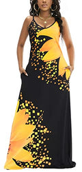 Sunflower Maxi Dresses for Women Summer Casual Floral Printed Bohemian Spaghetti Strap Floral Long Maxi Dress with Pockets(Black,Medium)