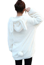 Women's fluffy Bear Tail Hoodies,Winter Rabbit Tail Hoodies,Plush Sweatshirt Fleece Jacket Coats Long Sleeve (white rabbit)
