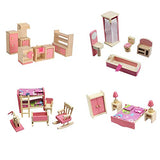 Kisoy Wooden Dollhouse Furniture Set for Kid and Children (4 PCS Including Kitchen Bathroom Bedroom High and Low Bed)