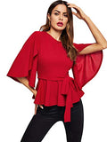 Romwe Women's Split Half Sleeve Zipper Belted Knot Drap Casual Blouse Top Red L