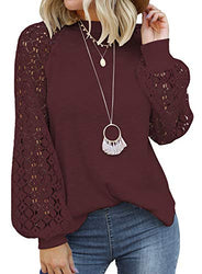 MIHOLL Women’s Long Sleeve Tops Lace Casual Loose Blouses T Shirts (Wine Red, X-Large)