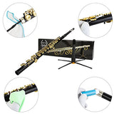 Rhythm C Flutes with Engraved Flower Closed Hole 16 Keys Flute For Student, Beginner with Cleaning Kit, Stand, Carrying Case, Gloves, Tuning Rod, Black with Laquer Keys