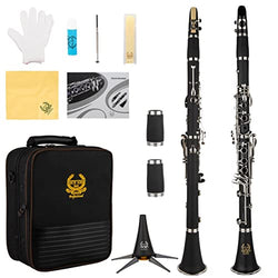 Rhythm Bb Clarinet 17 Nickel Keys Black Bb Clarinet - Woodwind Band & Orchestra Musical Instruments for Beginners, Includes Clarinet, Clarinet Case, Stand