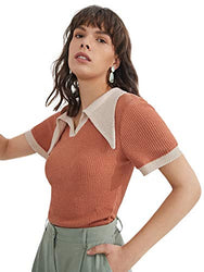Romwe Women's Colorblcok Short Sleeve Peterpan Collar Ribbed T Shirt Tee Tops Orange S