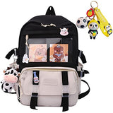 JELLYEA Kawaii School Backpack with Cute Milk Cow Accessories Kawaii Pins for Girls Teen (Black) One Size