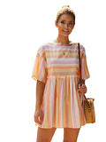 Romwe Women's Short Sleeve Round Neck High Waist Striped Frill Trim Loose Summer Mini Smock Dress Yellow S