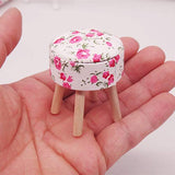 Shuohu Wooden Round Floral Printed Chair for 1/12 Scale Dollhouse Pretend Play Toy Accessories