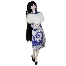 Retro Girl BJD Doll 1/3 25in 19" Ball Jointed Doll Full Set,Cheongsam + Wig + Shoes + Shawl + Makeup (White Blue)