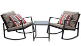 Kozyard Moana Outdoor 3-Piece Rocking Wicker Bistro Set, Two Chairs and One Glass Coffee Table, Black Wicker Furniture(Taupe Cushion+Red Stripe Pillow)