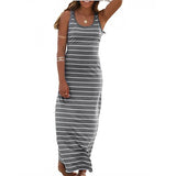 Roselux Women's Sleeveless Scoop Neck Striped Maxi Sundresses Loose Racerback Long Dress (Dark Gray,M)