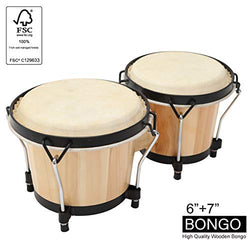 MUSICUBE Bongo Drum Set, 2 Sets 6" and 7" Percussion Instrument, FSC Wood and Metal Drum for Kids Adults Beginners Professionals with Tuning Wrench